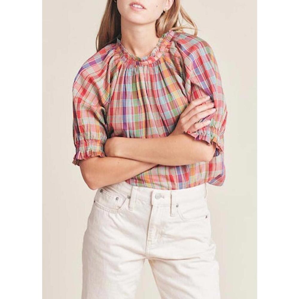 Trovata Birds of Paradise Sz Small Shelia Blouse Women's Tapestry Plaid NWT